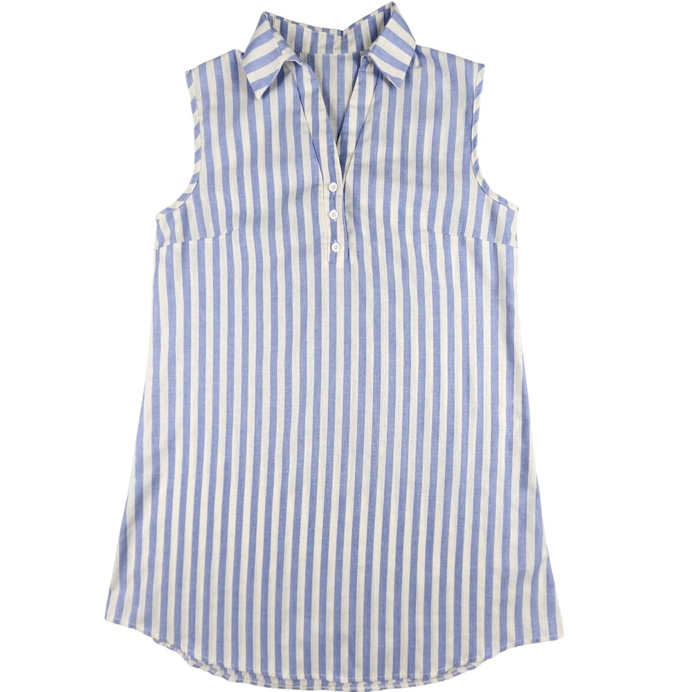 Sleeveless Tunic Popover Women L/XL Blue White Striped V-Neck Linen Blend Beach